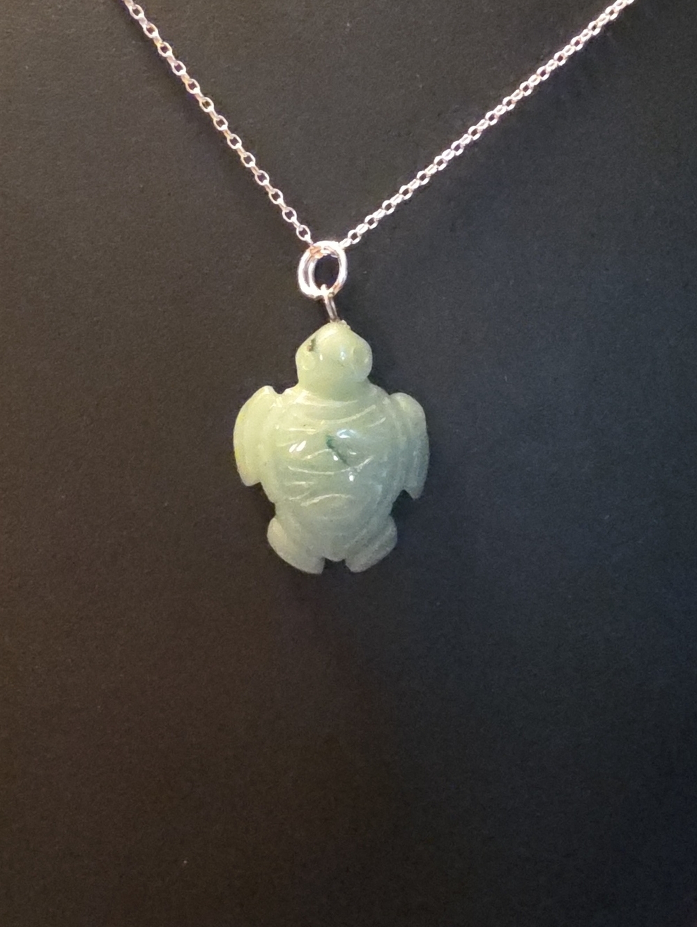 Green Jade Turtle Pendant Necklace With Silver Chain
